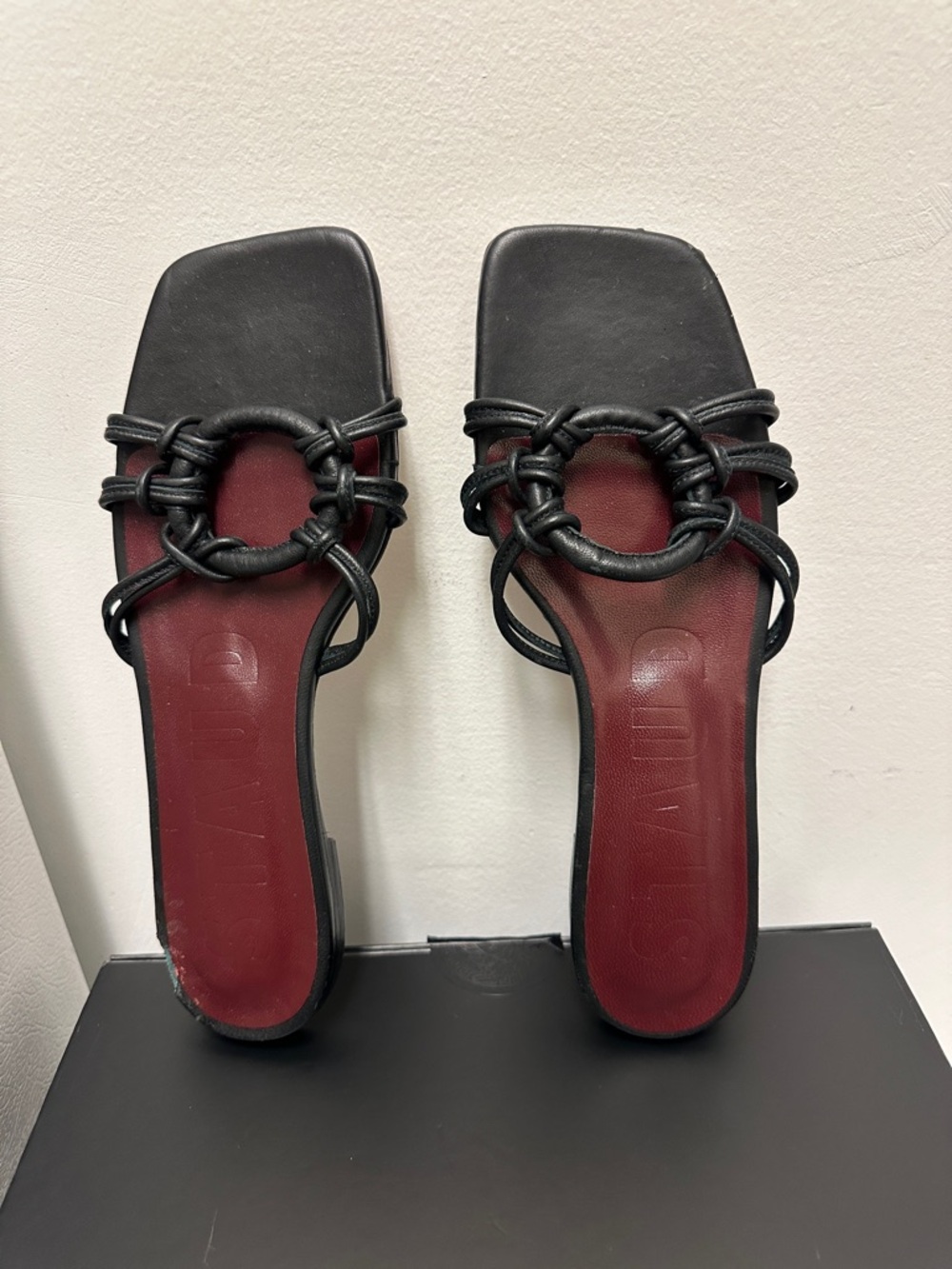 STAUD Black Braided Ring Slide Sandals with Burgundy Insoles